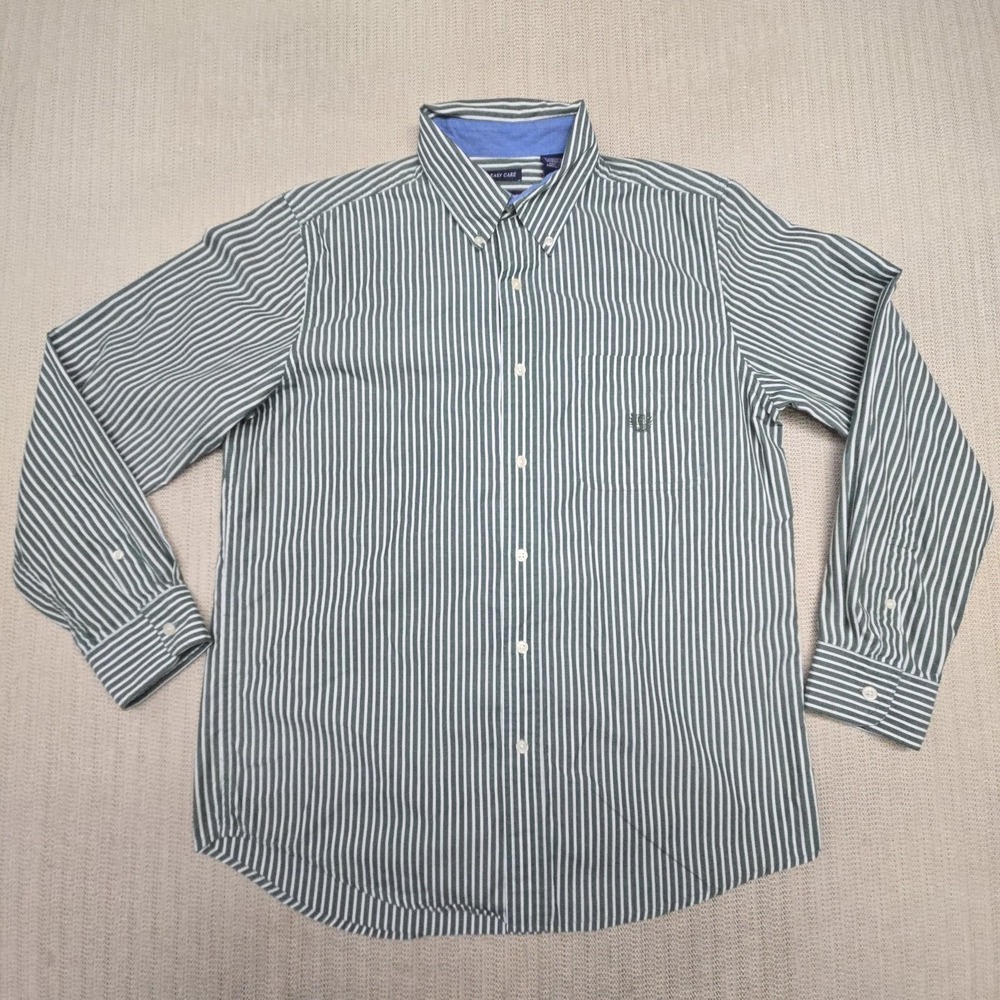 Chaps Shirt Mens Medium Green Striped Long Sleeve Button Down Easy Care Casual